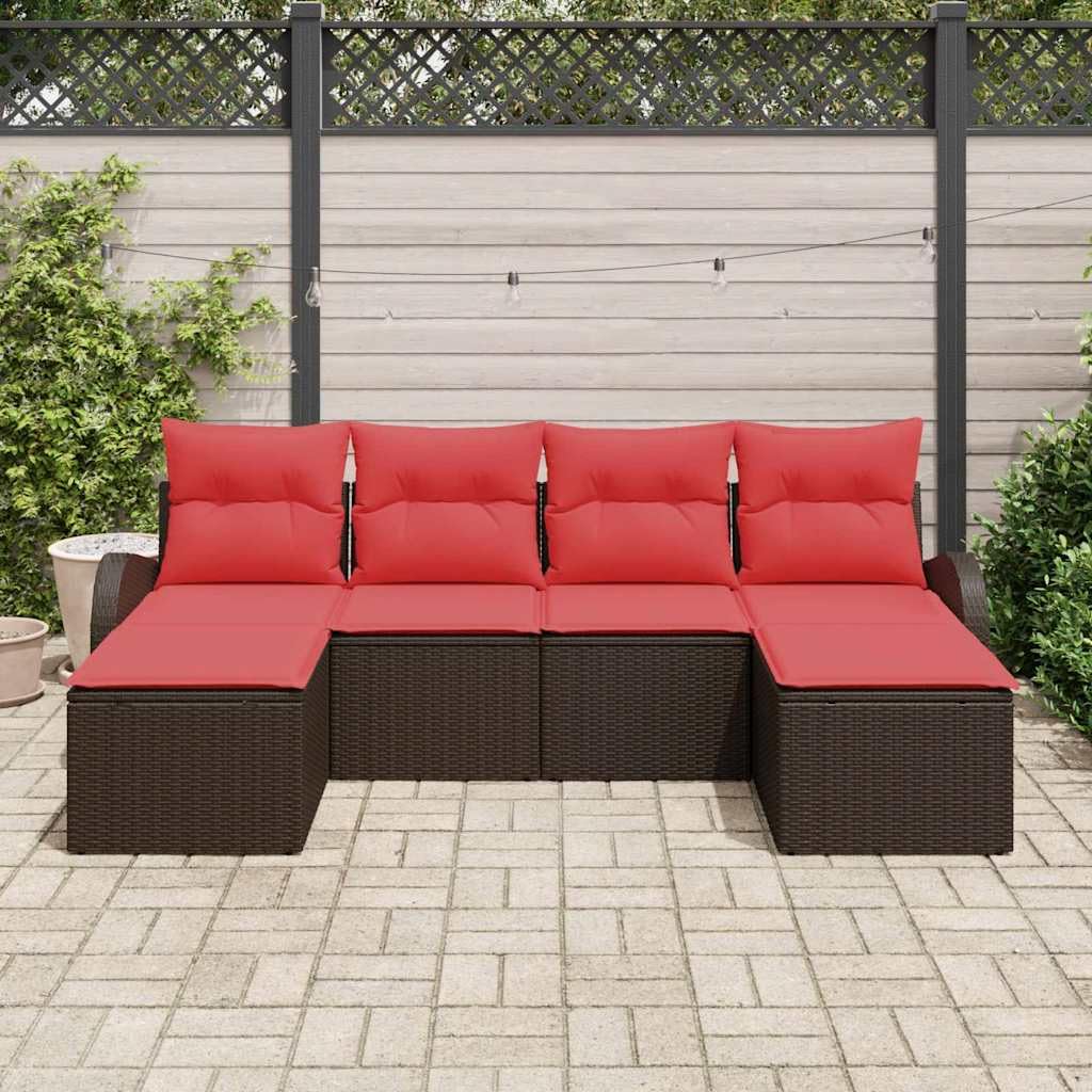 Ensemble de Canapé de Jardin 6 Pièces en Résine Tressée Marron, Salon de Jardin Modulable avec 2 Sièges d'angle et 2 Poufs, Mobilier Extérieur pour Terrasse et Balcon
