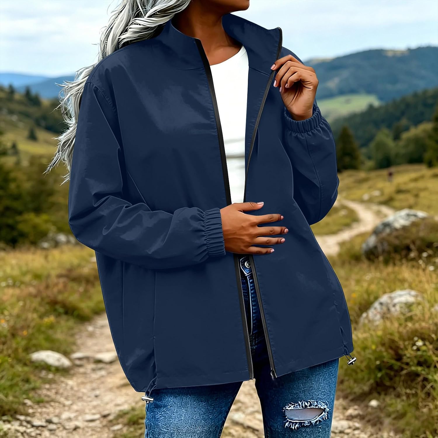 Womens Windbreaker Jackets Casual Lightweight Bomber Coats Tops | Stand Collar Design, Hoodless Silhouette, Sleek Glossy Finish, Elasticized Wrists, Retro Street Style