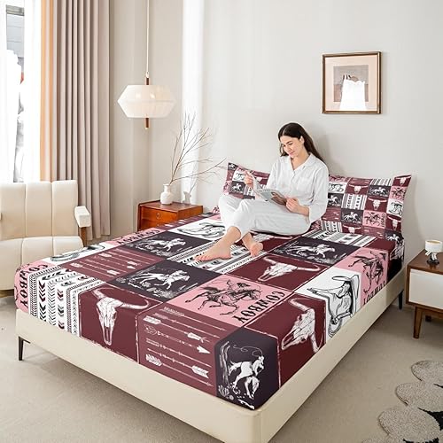 Miniatura 2 de Manfei Sábana bajera ajustable de vaquero, tamaño matrimonial, con 2 fundas de almohada, juego de ropa de cama de retazos de celosía burdeos, 3