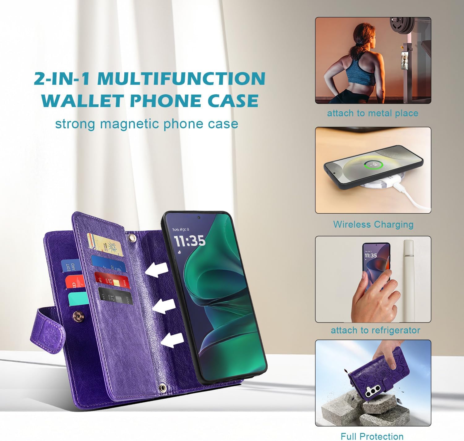Harryshell Compatible with Samsung Galaxy S25 Wallet Detachable Magnetic Phone Case Wireless Charging [RFID Blocking] Card Slots, Cash Zipper Pocket Wrist Strap (Floral Purple)