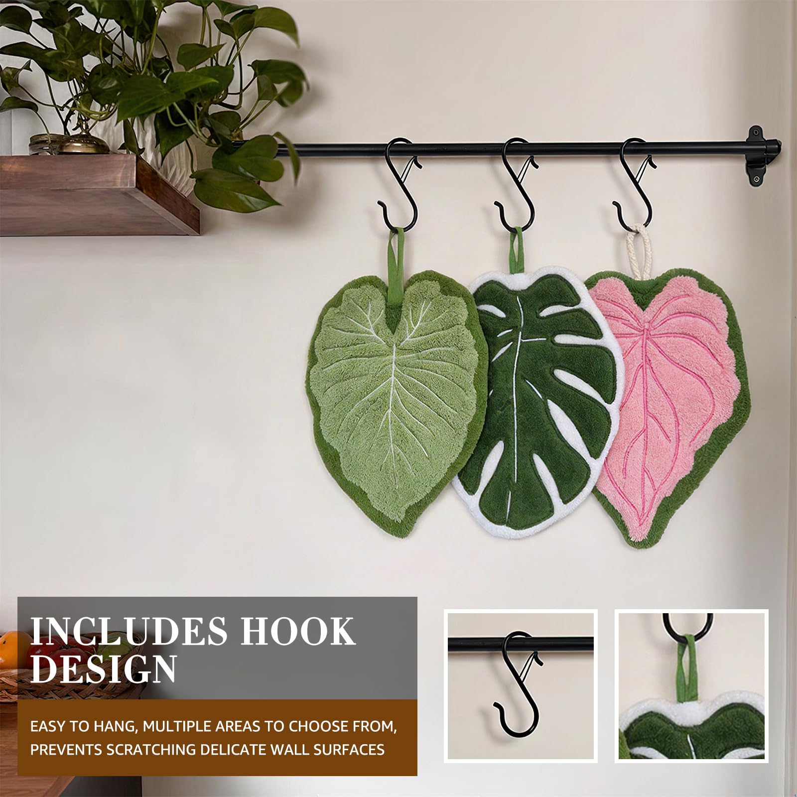 Sisher 3 Pack Leaf Shaped Hanging Kitchen Towels with S Hanging Loop,Cute Coral Fleece Tropical Plant Hand Towel, Absorbent, Quick-Drying, and Lint-Free,for Bath/Kitchen/Living Room(Green+Pink+White) - 4