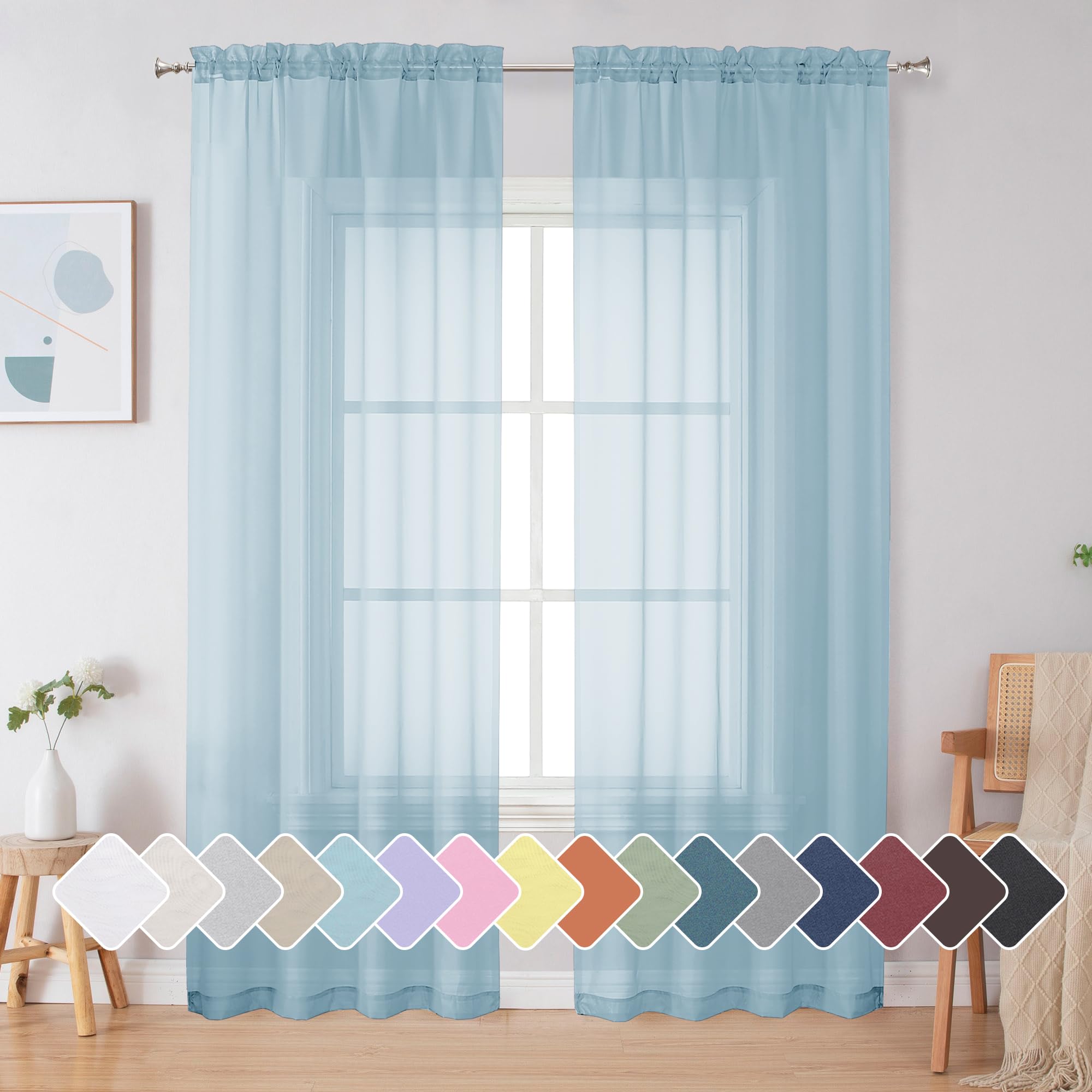 Simplebrand Sky Blue Sheer Curtains 84 Inches Long 2 Panels for Living Room