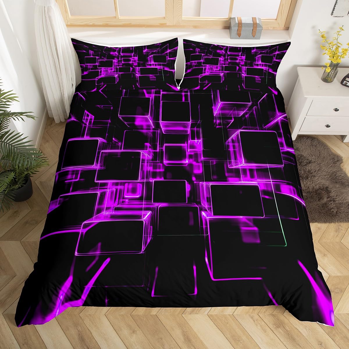 Homewish Fluorescent Purple And Black Kids Duvet Cover, Modern Geometric Square Bedding Sets Colorful Gradient Neon Light Honeycomb Bed Cover King 3 Pieces โ image 1