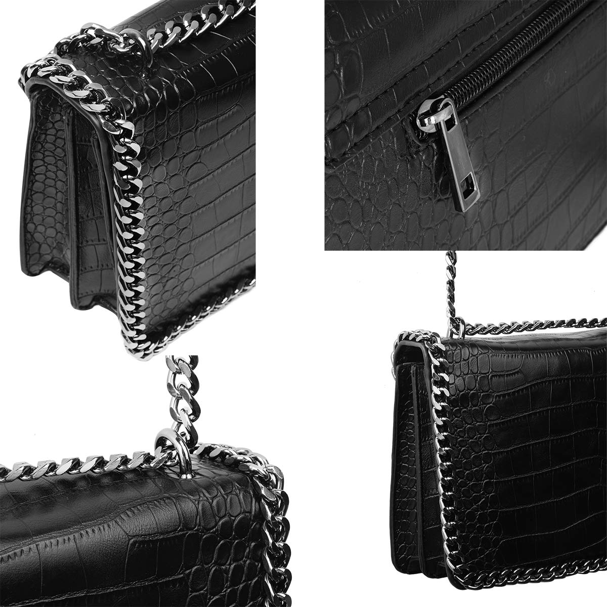 CRAZYCHIC - Bolso Cocodrilo Mujer - Bolso Bandolera Cadena Acolchado Piel Cuero PU Señora - Grande Mensajero Clutch Pochette Crossbody Bag - Bolso Cruzado Embrague Noche Elegante - Negro