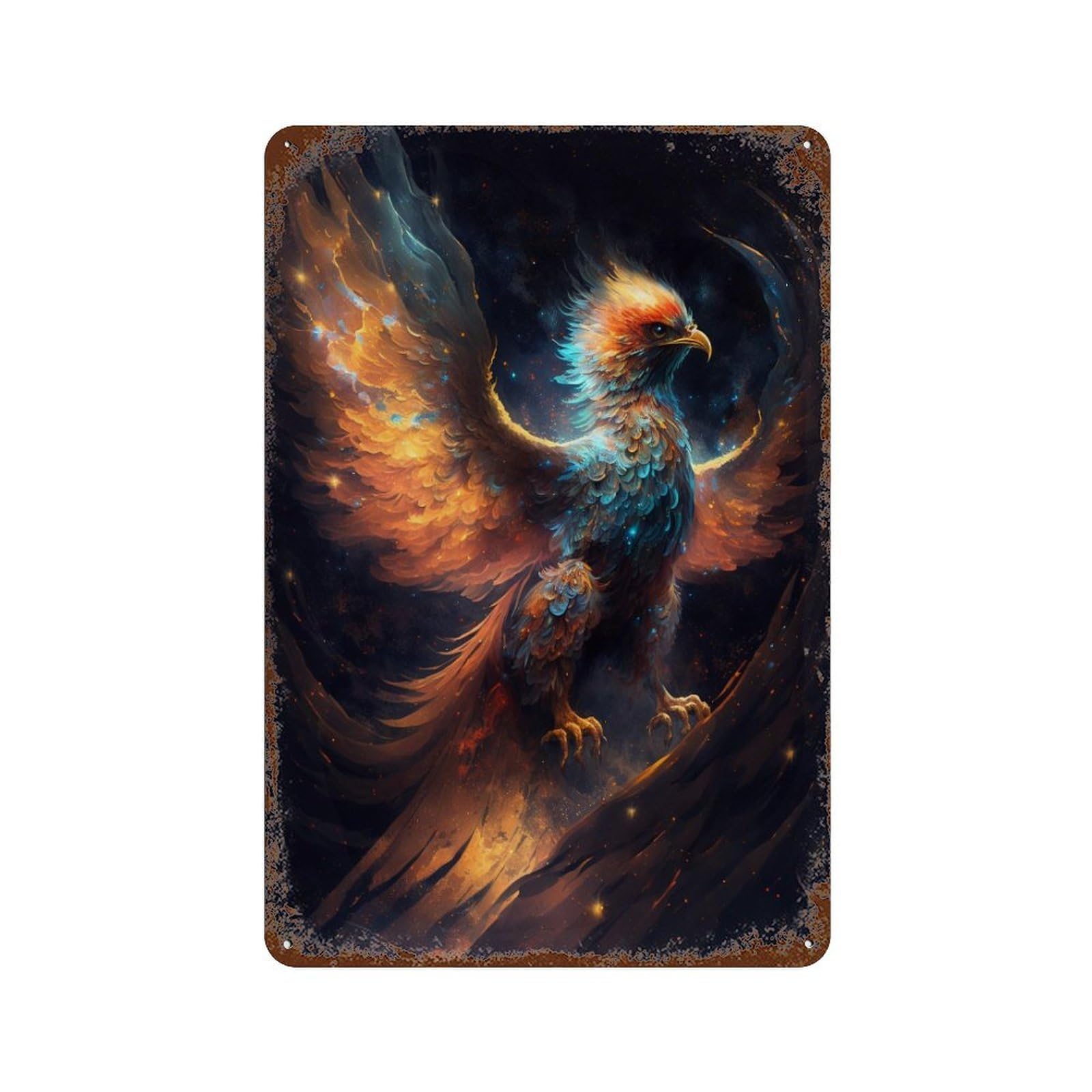 Fantasy Phoenix Art Print Rust Effect Tin Sign 11.8"x7.9", Industrial Home Decor for Garage, Pub Or Kitchen