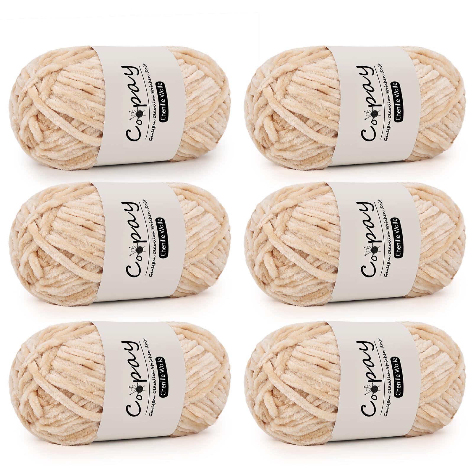 Coopay Chenille Wolle zum Häkeln, 6x100g Weiche Samtig Chenillegarn, Flauschige Dicke Wolle zum Stricken, Warme Plüschwolle Häkelgarn für Decken, Schals, Mützen - Kamel