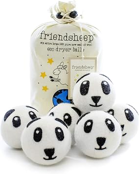 Friendsheep Wool Dryer Balls, Organic Reusable Fabric Softener Alternative for Laundry, Handmade, Fair Trade, Hypoallergenic, Eco-Friendly, Plastic-Free 6 Pack XL Panda | Reusable fabric softener alternative Organic wool, handmade, fair trade, hypoallergenic, eco-friendly, plastic-free