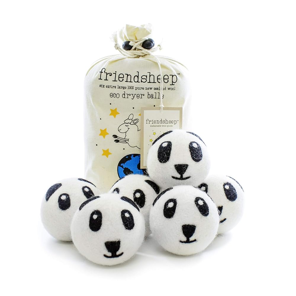 Friendsheep Wool Dryer Balls, Organic Reusable Fabric Softener Alternative for Laundry, Handmade, Fair Trade, Hypoallergenic, Eco-Friendly, Plastic-Free (6 Pack XL - Panda)