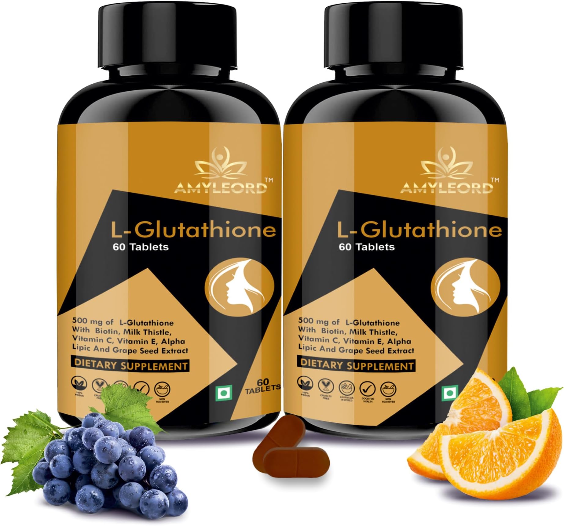 L - Glutathione Tablets 1000mg with Vitamin C & E, Milk Thistle, Biotin, Grape Seed Extract for Help to Skin Glow and Hydration (Combo) (Black Goden Flavour) (120 Count) MRP 2398 Rs.