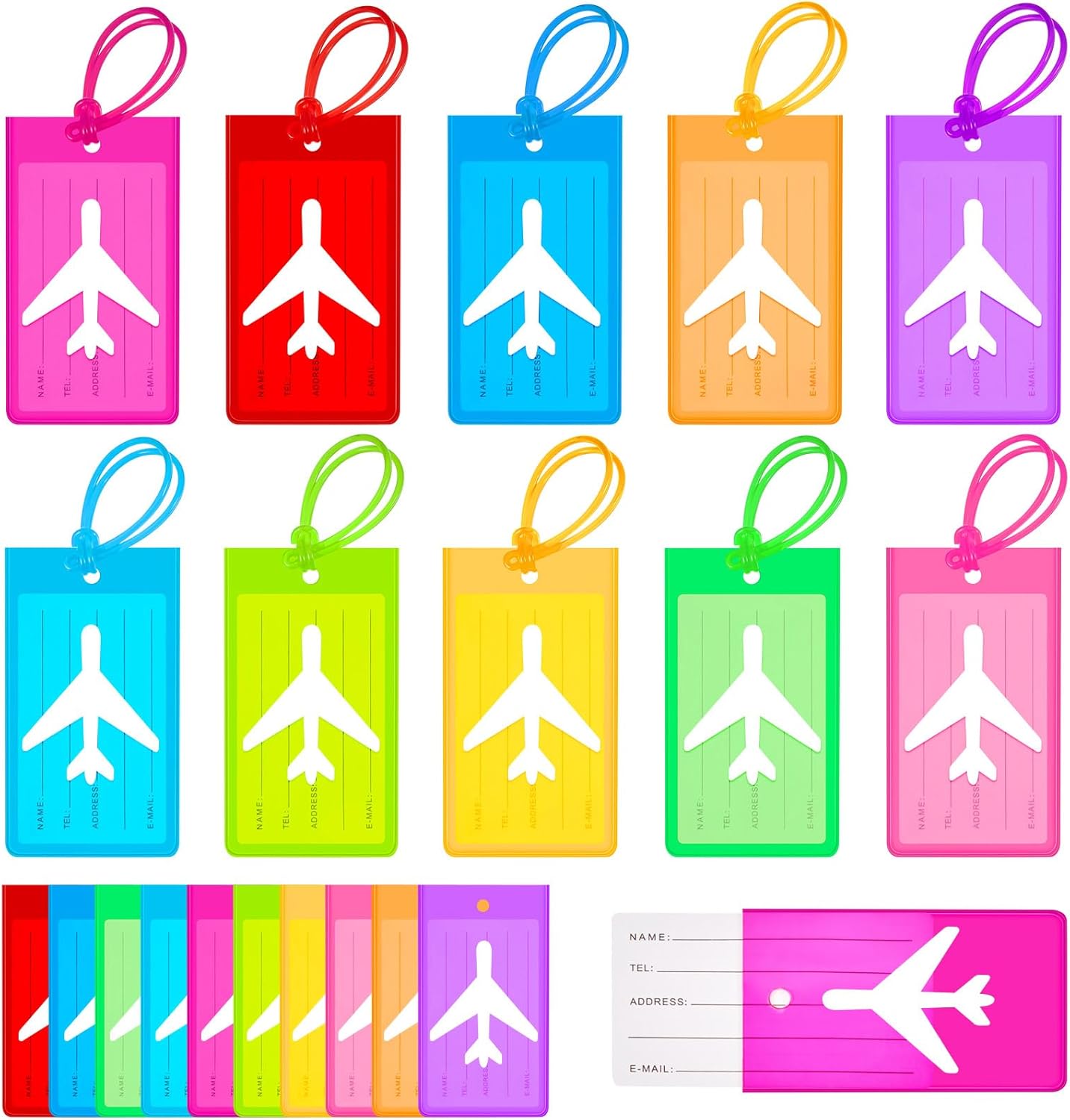 Sumind 50 Pcs Plastic Luggage Tags Assorted Name Identification Labels Flexible Suitcase Tags for Travel Baggage, 10 Colors (Airplane Style)