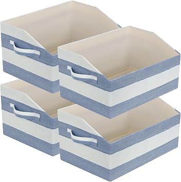 4 Pack Linen Trapezoid Fabric Striped Bins, 16 x 11.5 x 8.5 Inch | Collapsible Home Office Organizers with Handles, for Closet, Clothes Blanket, Books, DVD