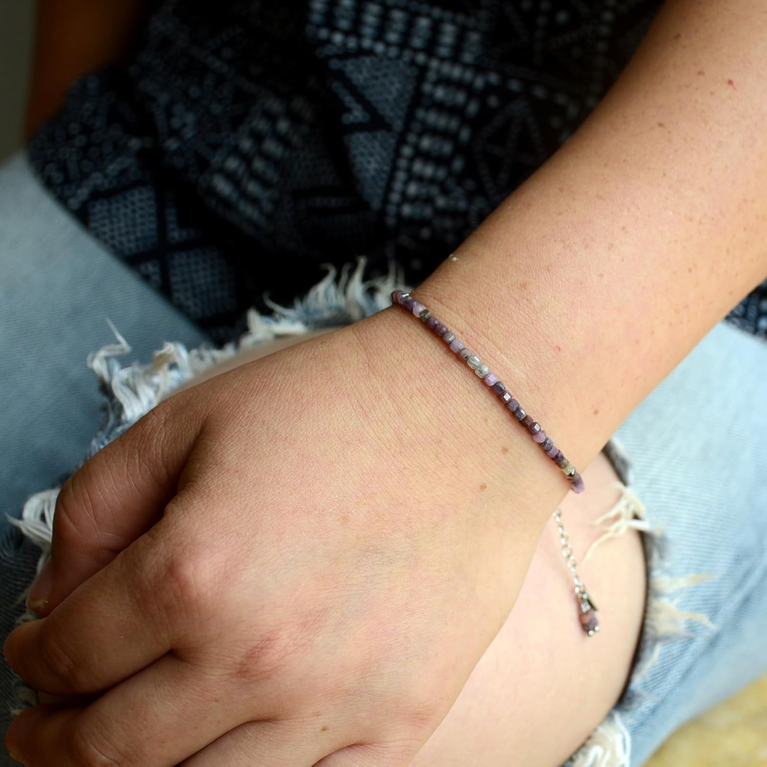 Natural Beaded Bracelet, Dainty Crystal Gemstone Jewelry with Silver Chain, Adjustable - Image 3