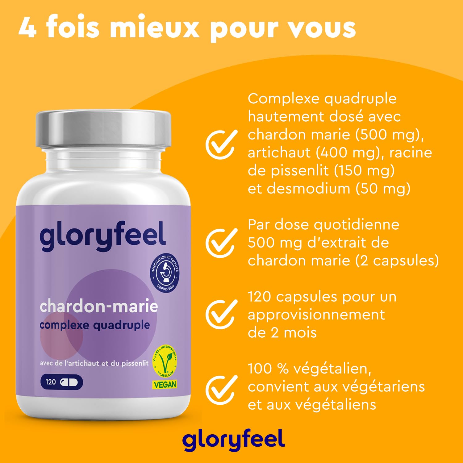 Complexe Chardon Marie, Pissenlit, Artichaut et Desmodium, 120 Gélules, Fortement Dosé en Silymarine, 500 mg par Dose Journalière, Testé en Laboratoire, Sans Additifs, 100% Végane