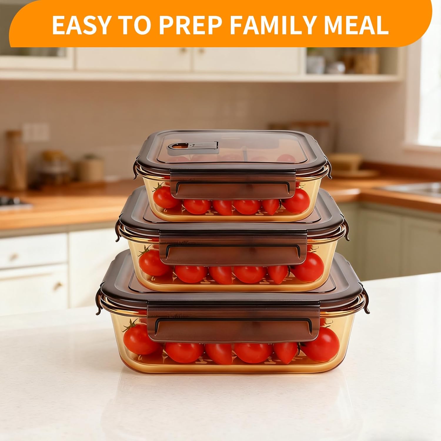 Glass Meal Prep Containers, Airtight Glass Lunch Containers Set, Glass Food Storage Containers with Lids,Exclusive of BPA, for Microwave, Oven, Freezer & Dishwasher Friendly Set of 3 (A3-C)