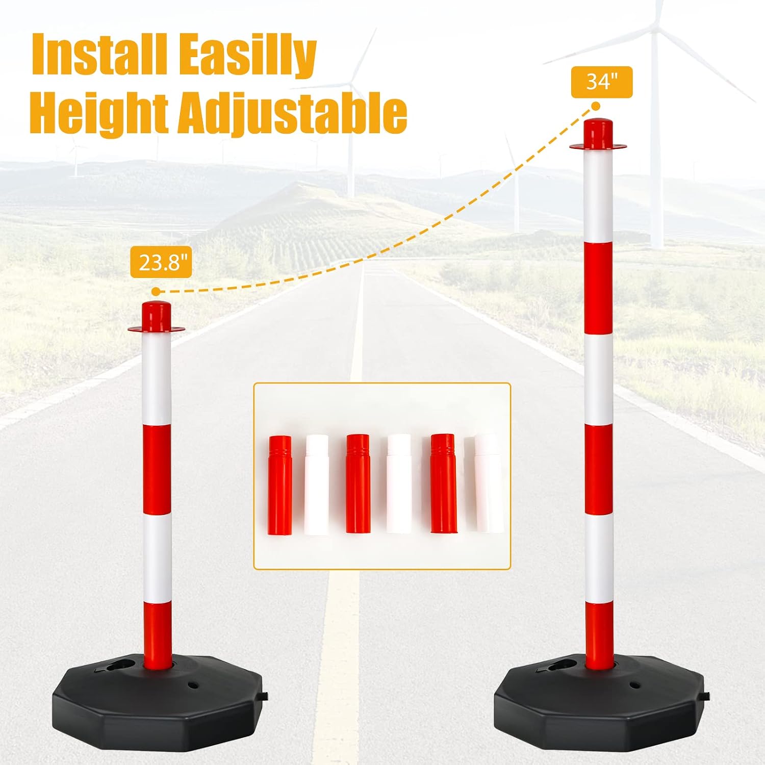 ERGOMASTER 24~34 Inches Adjustable Delineator Post Traffic Cones Road Stanchions Safety Cones with Fillable Base and 5FT Chains Barriers for Parking Lot(2 Pack-Red & White)