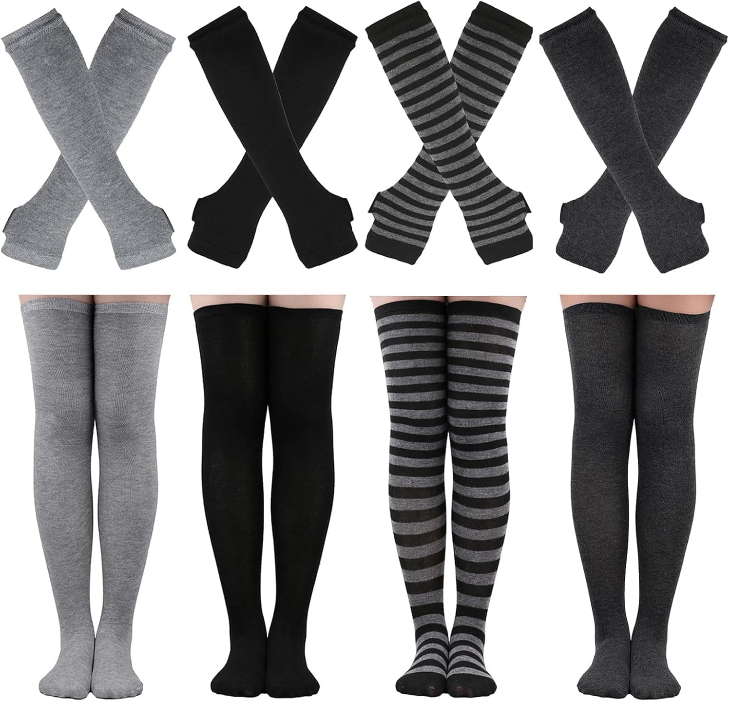 Elfcool 2/4 Sets Womens Long Striped Knee High Socks Knit Fingerless Arm Warmers for Halloween Christmas
