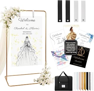Wedding Sign Stand for Welcome Sign,Adjustable Easel Stand for Sign W/Design Bundle,Satin Ribbon,Leather Straps&Storage Bag, Wedding Sign Holder, Poster Stand for Display(Gold)