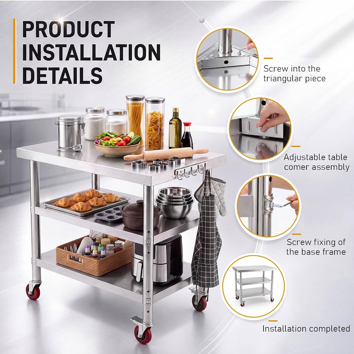Zhengmy Stainless Steel Table 30x24 Inch Worktable with Wheels, 3 Adjustable Shelves Metal Prep Workstation for Home Restaurant Kitchen Hotel Garage Warehouse Outdoor