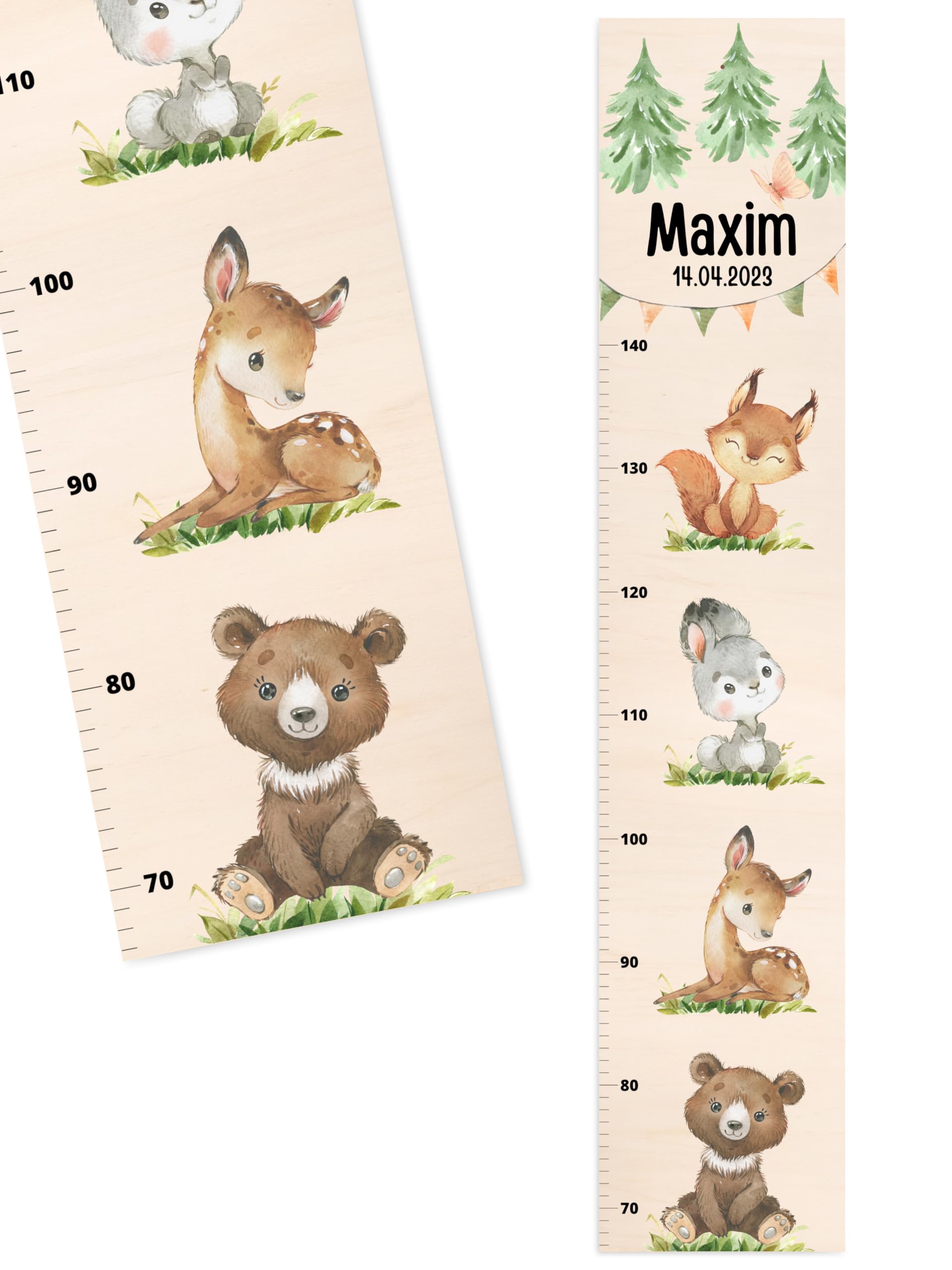 Bärenfreunde® - Personalisierte Messlatte Kind Holz zum Kleben oder Aufhängen - Skala 70-140cm - Süße Dekoration für Baby- & Kleinkinderzimmer (Kinder 70-140cm, Waldtiere übereinander)