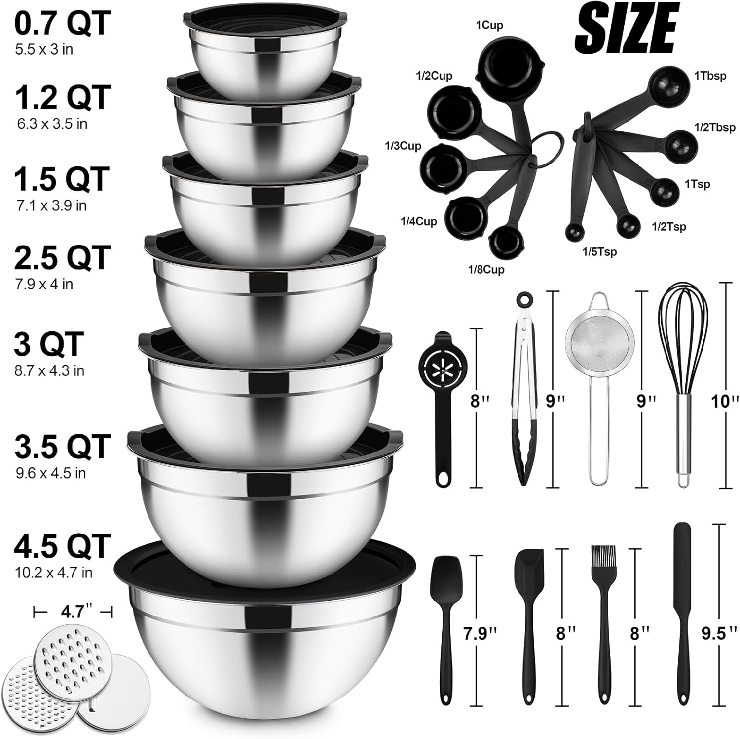 Vesteel 35PCS Mixing Bowls with Lids Set, Stainless Steel Nesting Salad Prep Bowls Attach with 3 Graters & Kitchen Utensils for Mixing Serving Grating, Size 4.5/3.5/3/2.5/1.5/1.2/0.7 QT, Black
