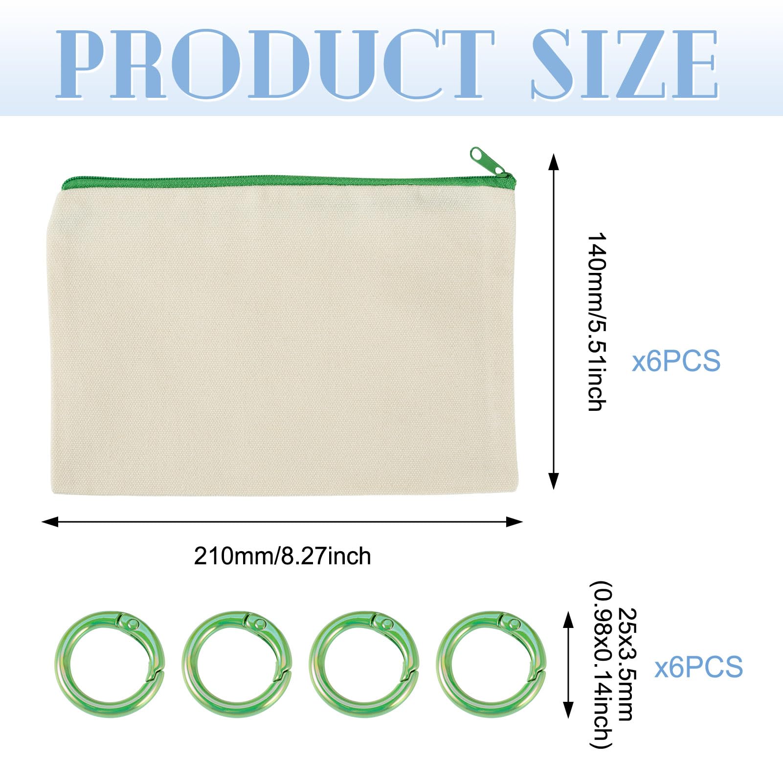 Bestewelry 6 pcs Canvas Travel Cosmetic Bags Blank Canvas Makeup Bags Blank Fabric Pencil Cases with Rings for Students School Storage Women Travel Makeup Organizer, Green Yellow - Image 3