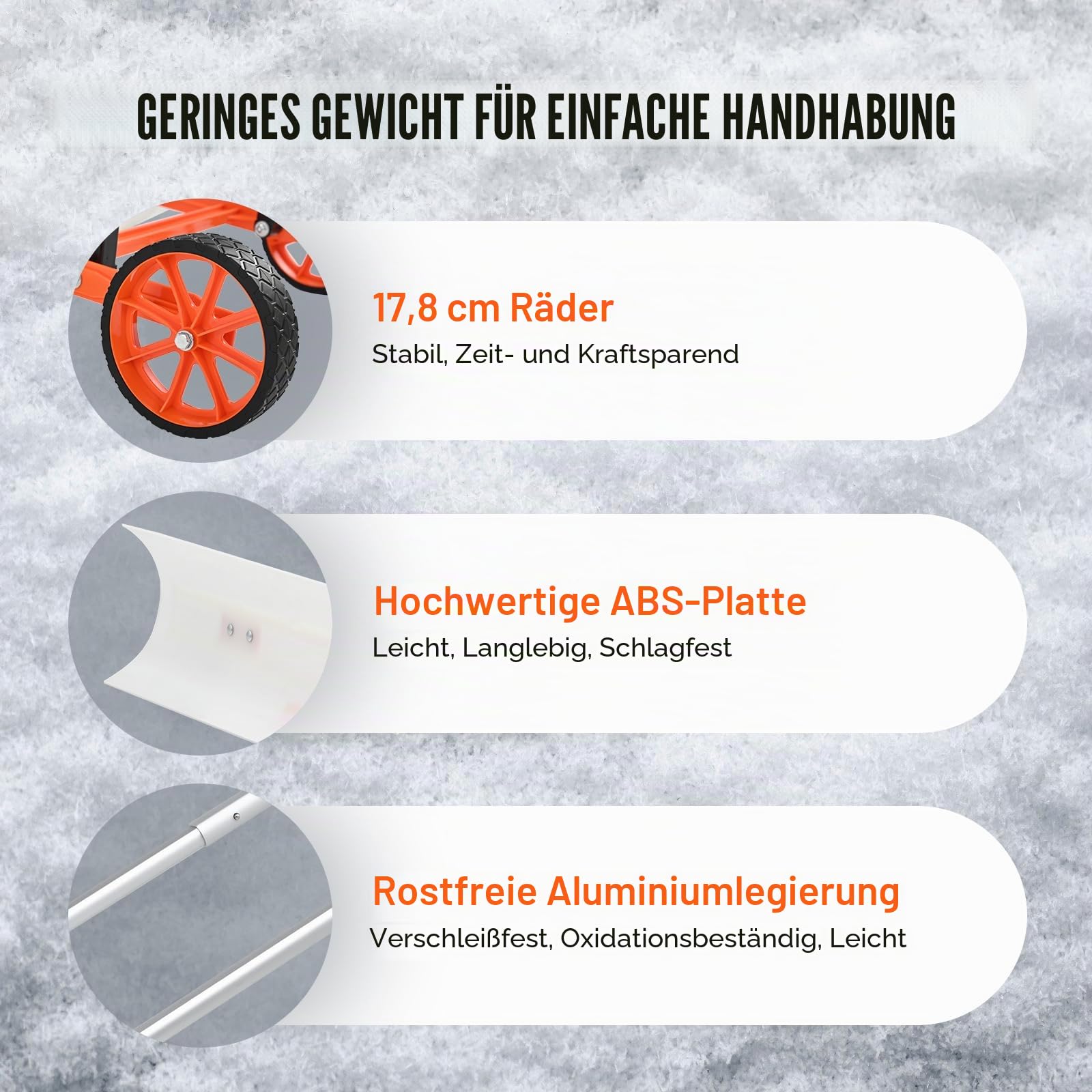 VEVOR Schneeschieber mit Rädern 94cm Schneeschaufel ABS-Kunststoff Aluminiumlegierung Schneeschippe Seitenwinkel von 15° Schneeräumer Schneeräumgeräte Rückenschonender Schneeschieber