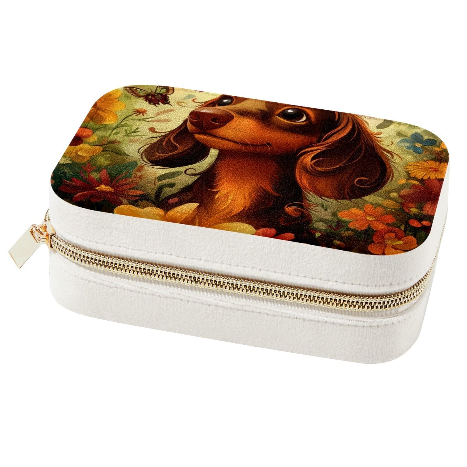 Boîte à bijoux portable fleurs et teckel pour ranger ses boucles d'oreilles en voyage