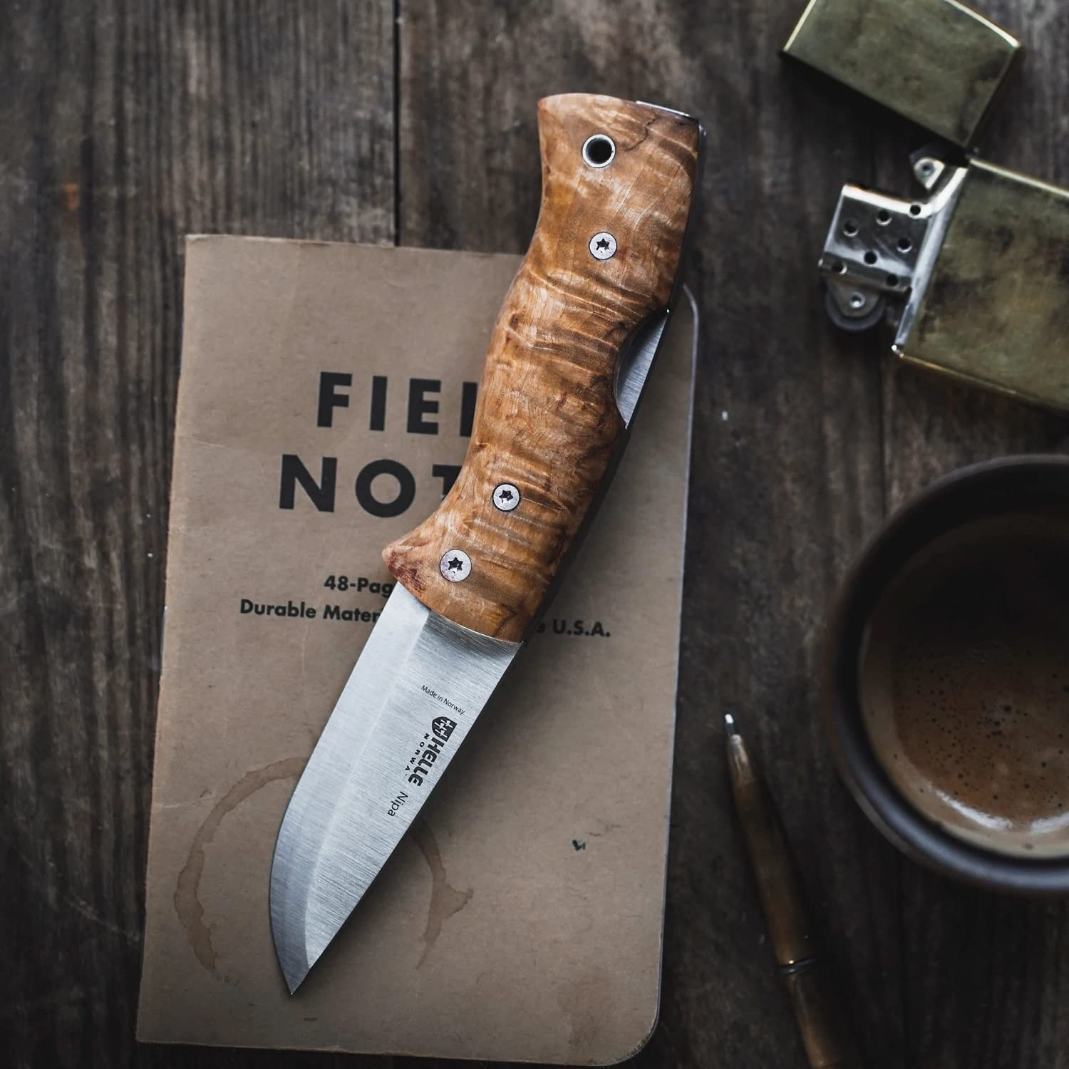 HELLE Knives - Nipa - Taschenmesser mit Clip - EDC Klappmesser mit Curly Birkenholz Griff, Scandi Grind