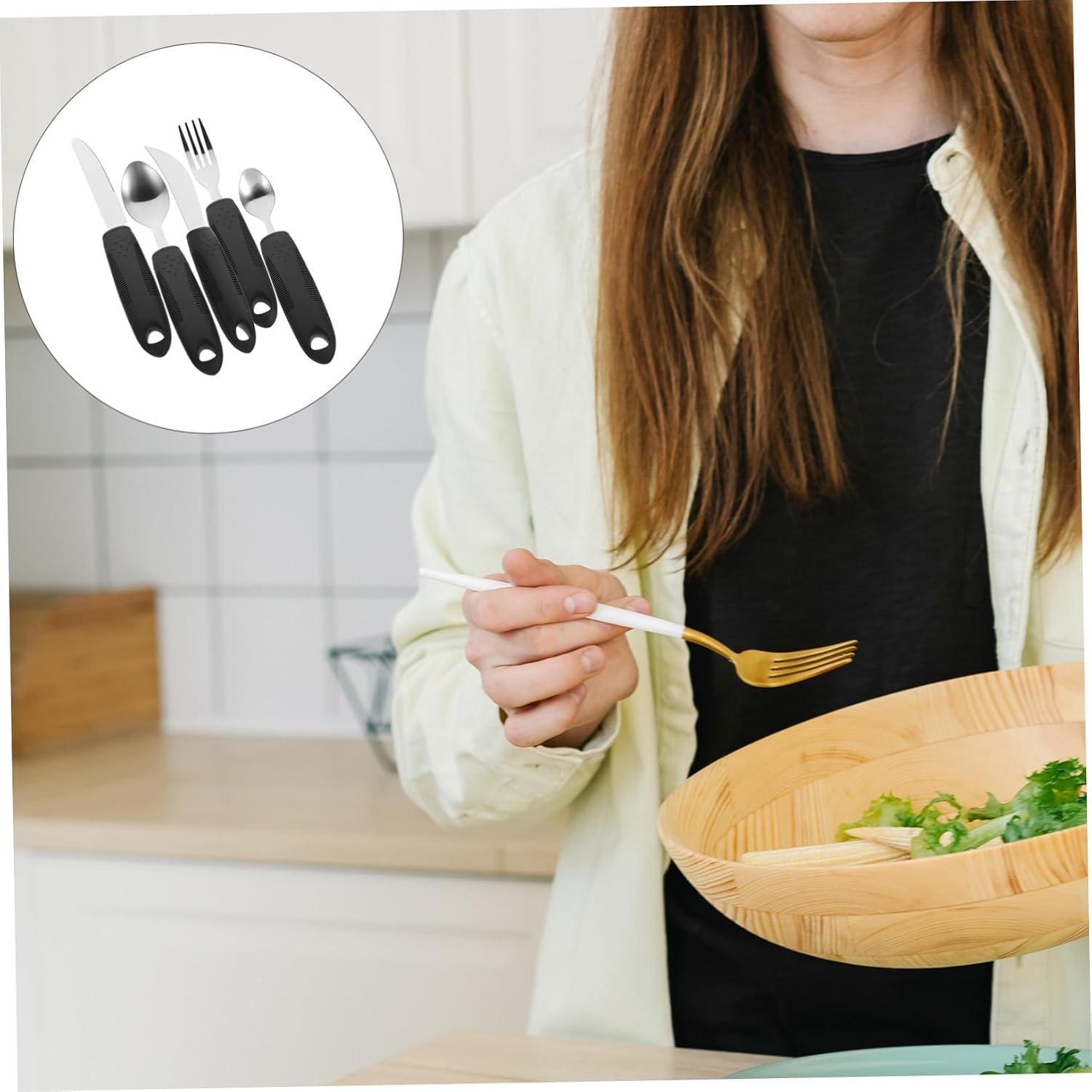 COLLBATH Anti-Skid Lightweight Adaptive Utensils for Elderly and Disabled Stainless Steel with Plastic Handles Non-Slip Ergonomic Tableware for Easy Grip and Safe Self-Feeding