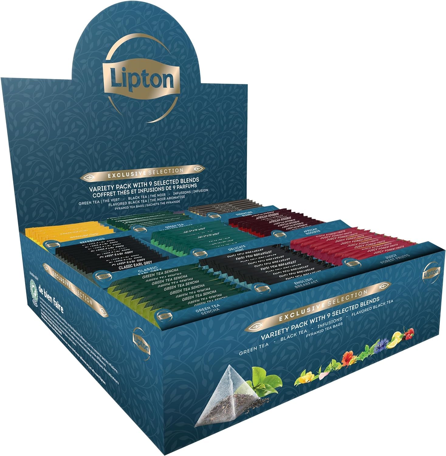 Lipton, Exclusive Collection, Coffret Thés et Infusions, 9 Goûts Différents, Vitalité, Certifié Rainforest Alliance, 108 Sachets Pyramide
