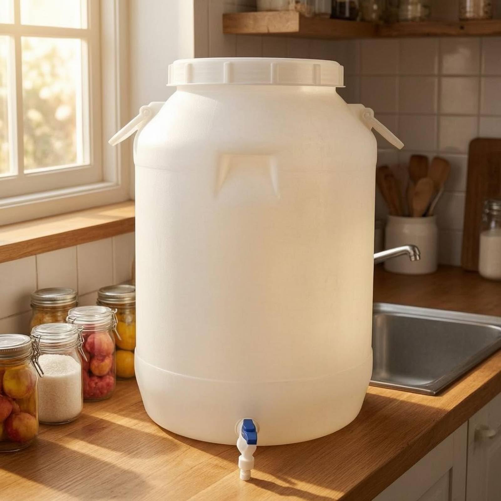 Colcolo Barile di Stoccaggio Secchio Contenitore Rubinetto Coperchio Maniglie Plastica HDPE per Conservazione Sicura Adatto per Cucina Magazzino Zona Servizi, 100 L, Coperchio Bianco, Con Rubinetto