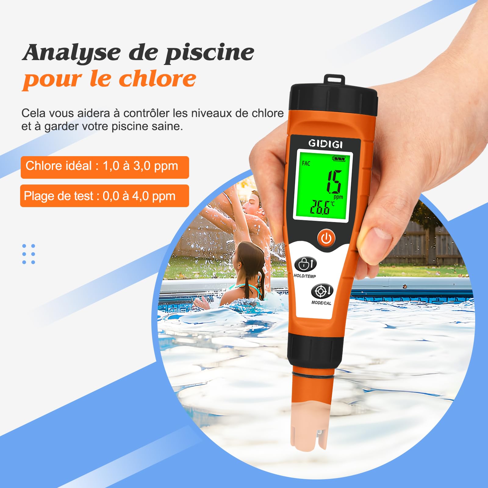 Testeur de chlore et de pH pour piscine, testeur de sel pour piscine, testeur d'eau 7 en 1 avec fonctions pH, ORP, chlore, EC, TDS et température pour piscine, spa et Eau domestique