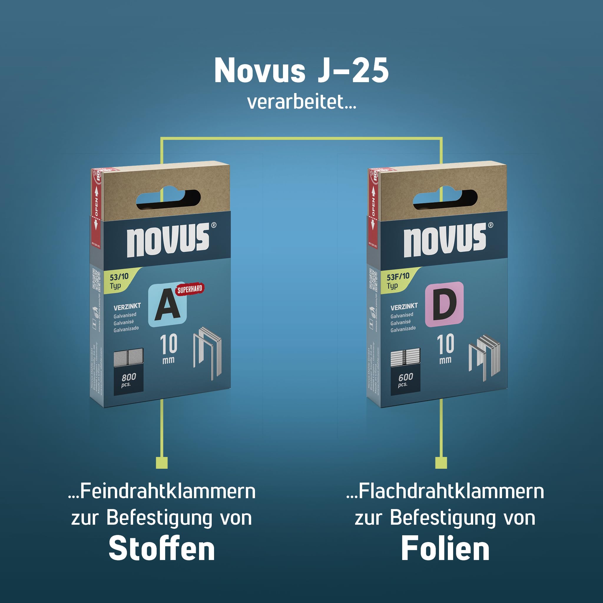 NOVUS TOOLS Handtacker J-25 Set mit 1800 Klammern │ Kleiner 2-in-1 Metall-Tacker für Holz mit Softgrip-Hebel und Unterlademechanik │ Für Feindraht- und Flachdrahtklammern von 4 bis 10 mm