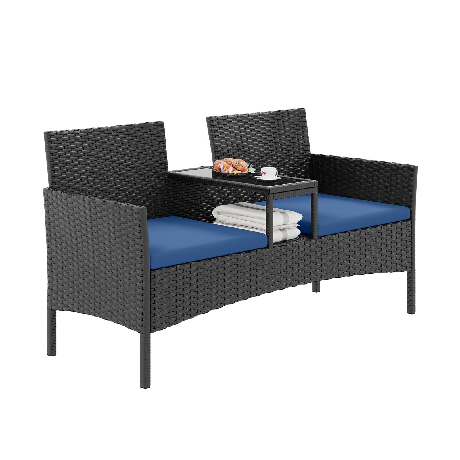 Aoxun Rattan Garden Chair 2 Seater Loveseat, Outdoor Patio Chair Set with Storage Table and Waterproof Cover, Space-Saving Seating for Small Gardens Balcony Deck (Blue)