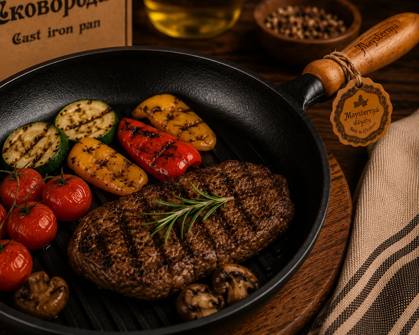 Sartén Grill de Hierro Fundido con Mango de Madera – Ø 24 x 4 cm – Compatible con Inducción – Sartén Universal para Parrilla y Fuego Abierto – Hierro Fundido Robusto – Sin PFAS – Negro