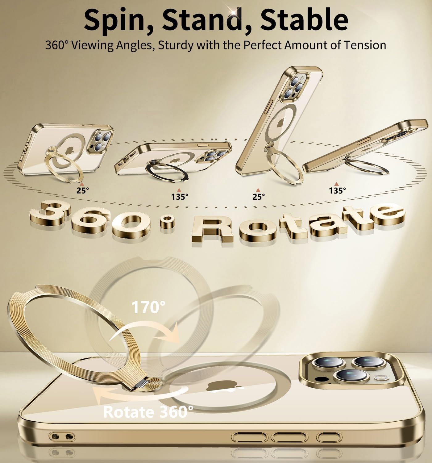 [CD Metal Ring & Invisible 360° Spin Stand] Magnetic Case for iPhone 15 Pro Max [Electroplated Shockproof Bumper ] [Compatible with Mag Safe] Cover with Stand for Women Men Slim Clear - Gold - Image 4