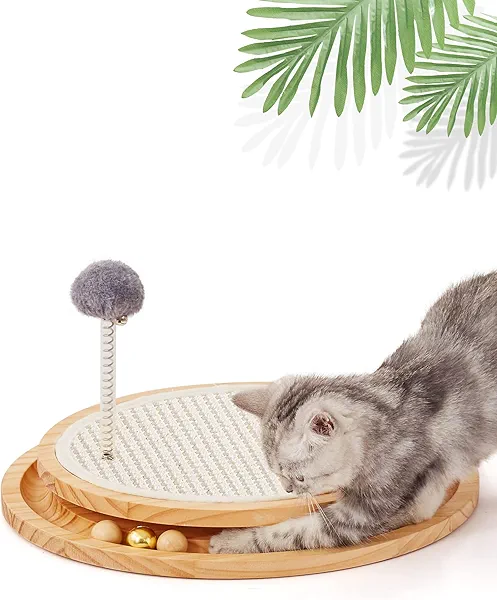 LMUGOOS Cat Scratcher, Cat Natural Sisal Scratching Pad, Kitten Interactive Toy with Ball Track Spring Ball for Chasing Hunting Mental Physical Exercise Puzzle