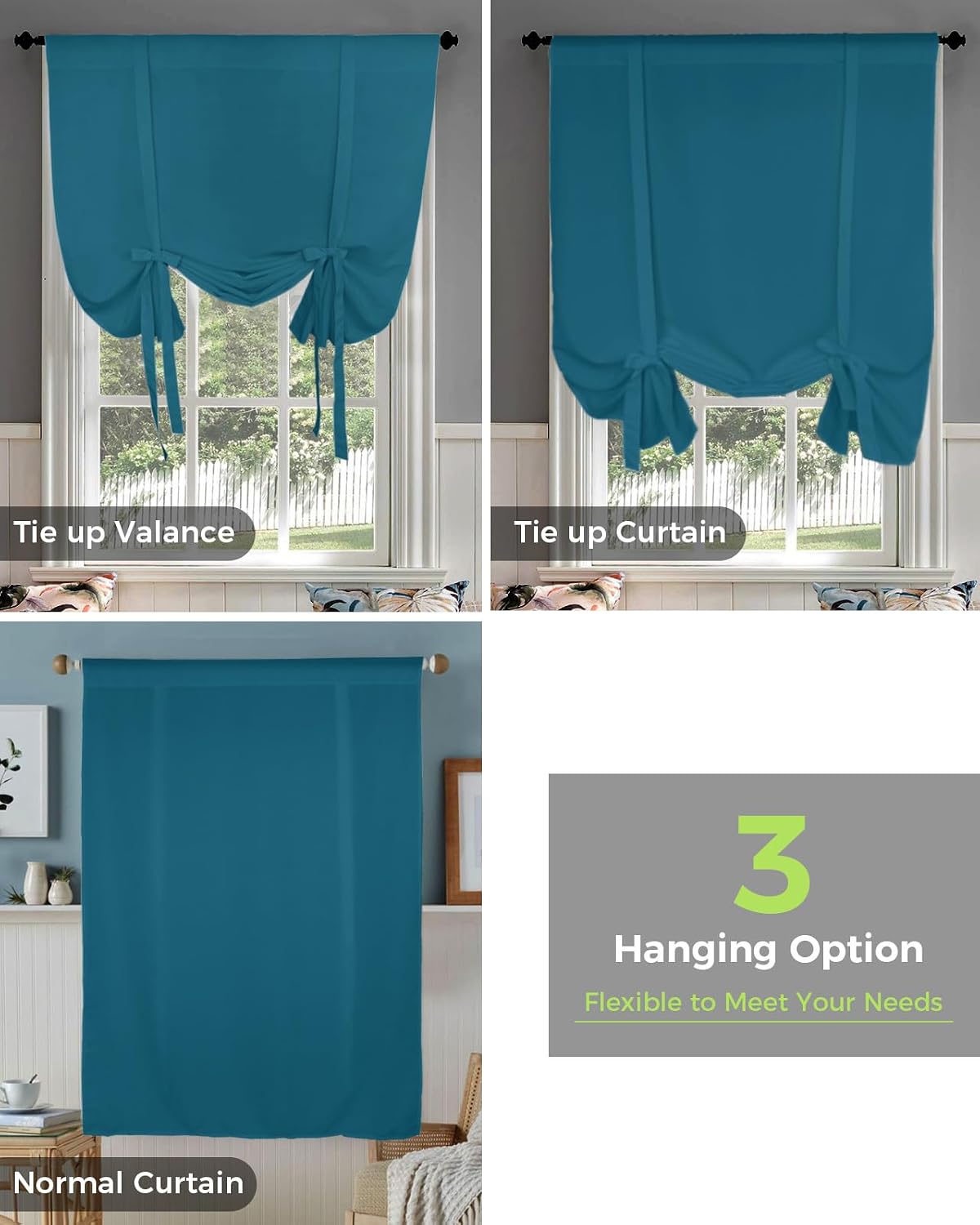 YOKOU Bow Look Tie Up Balloon Curtain, Dark Teal Green Peacock Blue Adjustable Rod Pocket Window Shades Drape for Living Room, Bedroom，Kitchen 1 pcs 52 x63 inch