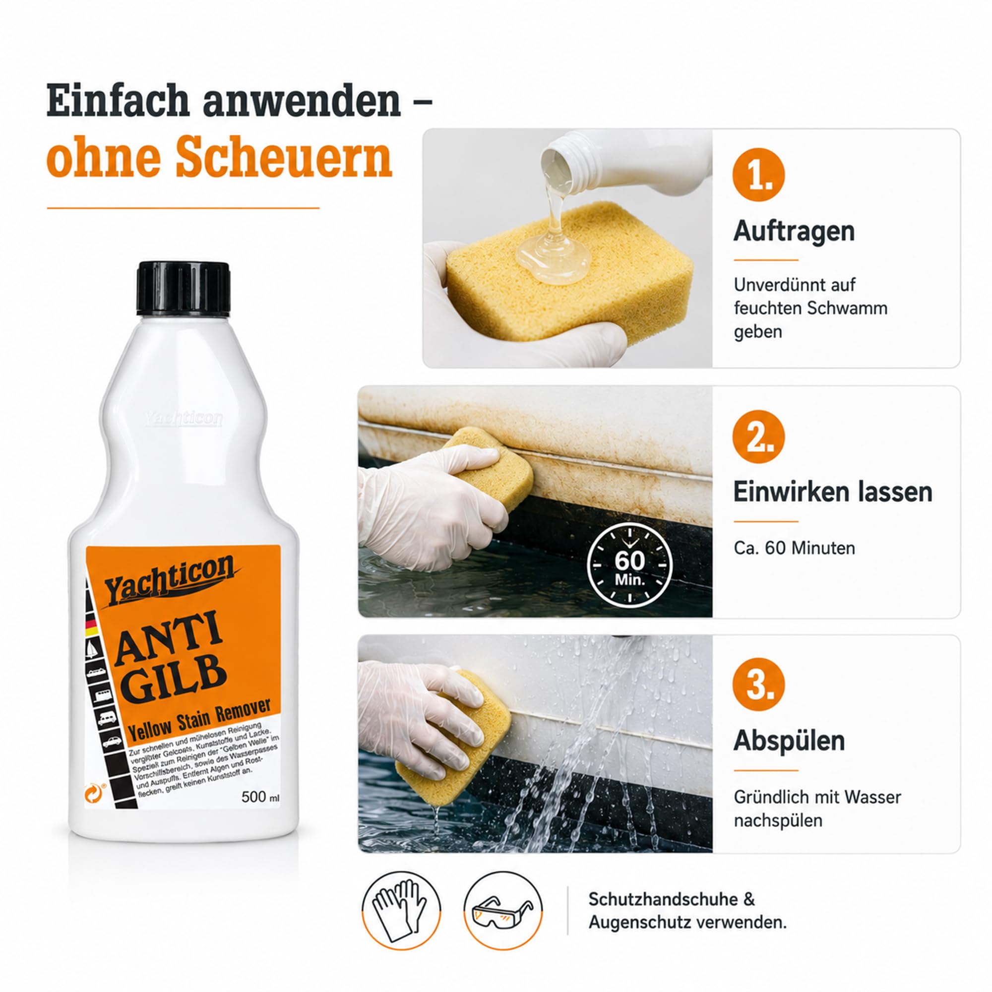 YACHTICON Anti Gilb Gelcoatreiniger, GFK Bootsreiniger für Yacht und Boot, Entfernt Vergilbungen am Wasserpass, Rumpfreiniger gegen Algen und Rost, Bootspflege Reinigungsmittel