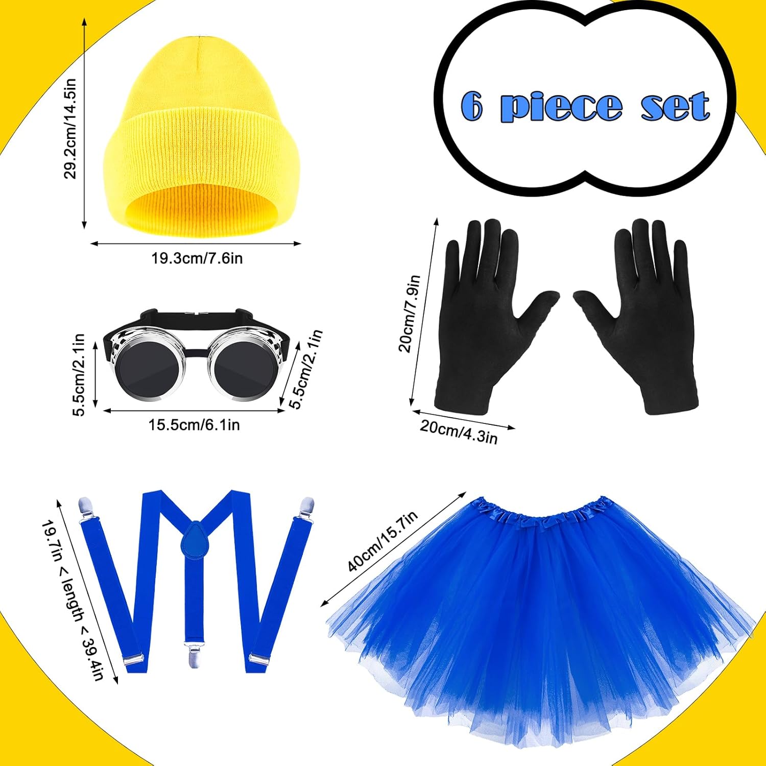 6 PCS Adults Yellow Costume Accessories for Women, Beanie Suspenders for 100th Days of School Cosplay Dress Up - Image 2