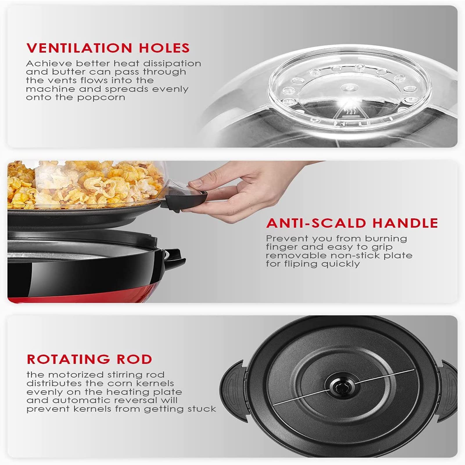 Macchina per Popcorn, Macchina per Popcorn ad Aria Calda, Popper per Popcorn Senza Olio aggiornato, Popper per Popcorn al Burro con Olio Caldo da 850 W con Asta di agitazione, pias