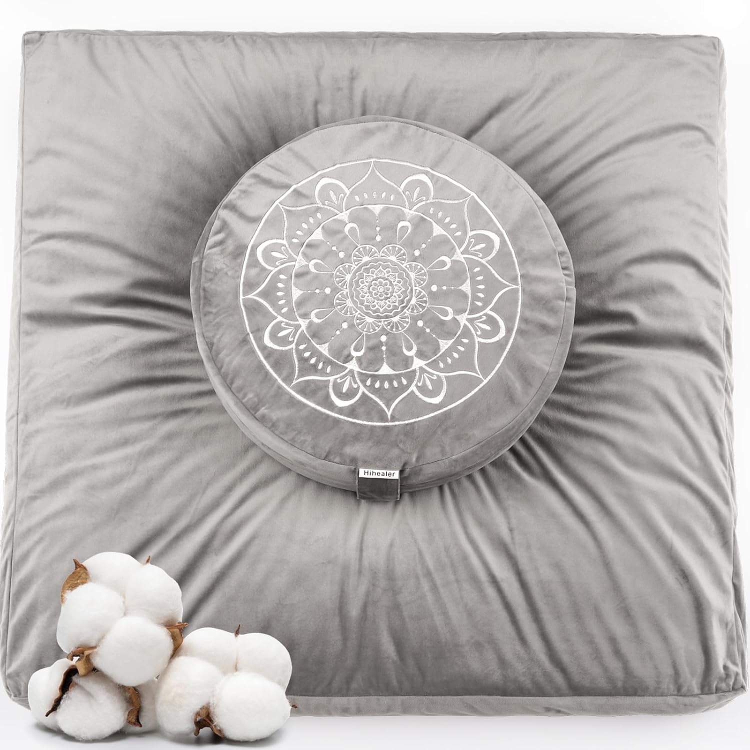Hihealer Meditation Cushion, Traditional Tibetan Meditation Pillow Velvet Cover - Large Floor Cushion Seating for Adults - Yoga Buckwheat Bolster for Women?Moms Sliver Grey(set)