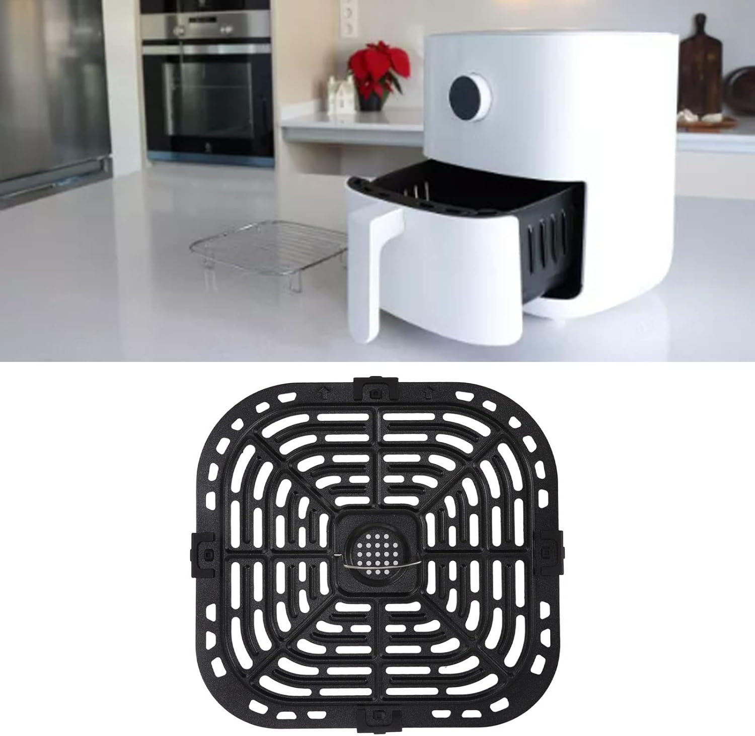 Air Fryer Grill Plate for Instants Plus 6QT Air Fryers, Stainless Steel Upgraded Square Grill Pan Tray with Rubber Feet Non Stick, Dishwasher Air Fryer Replacement Part