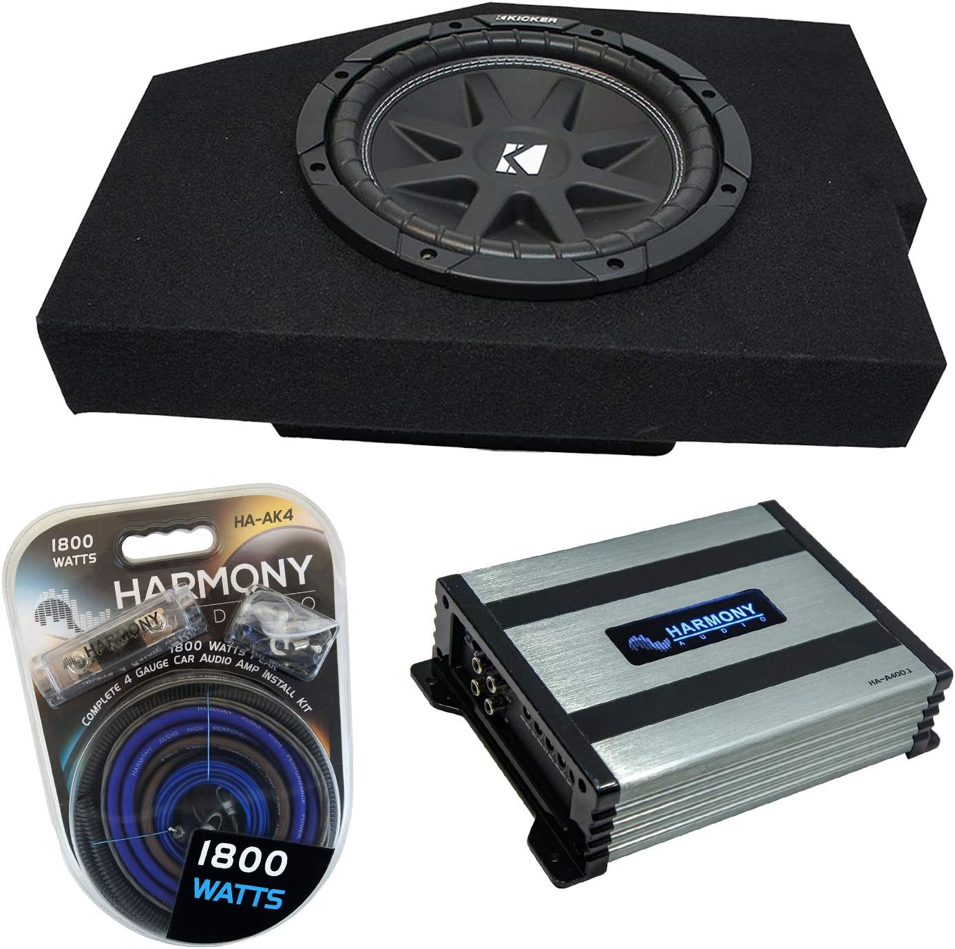 - Compatible with 2002-2018 Dodge Ram Quad/Crew Truck Kicker Bundle Comp C10 Single 10" Sub Box Enclosure & Harmony HA-A400.1 Amp