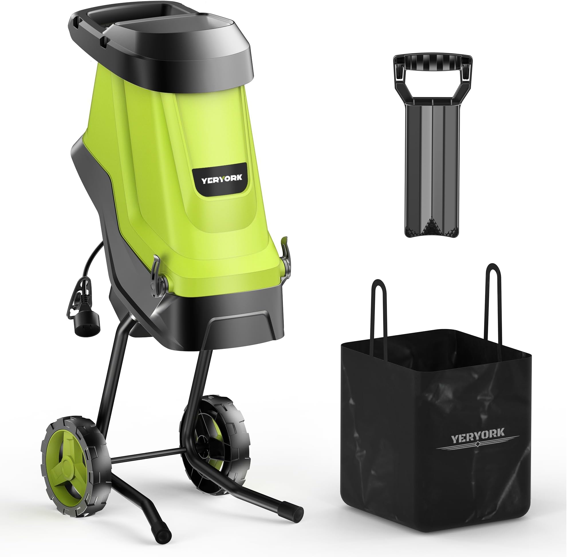 Yeryork Wood Chipper, 15-Amp with 1.8" Feed Hopper 45L Collection Bag Electric Wood Chipper & Shredder Compact & Efficient Mulcher for Easy Cleanup Ideal for Yard Waste and Branches Green
