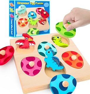 Wooden Peg Puzzle for Toddlers,Montessori Toys for Kids,Wooden Learning Color Sorting Shape Puzzles for Old Boys Girls, Dinosaur Match Eggs Developmental Sensory Matching Games