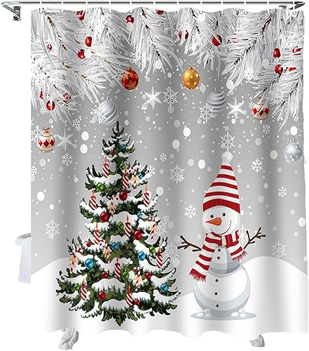 Miniatura 1 de Juego de cortinas de ducha de Navidad con 12 ganchos, cortinas de ducha impermeables de muñeco de nieve azul, cortina de ducha de copo de nieve de