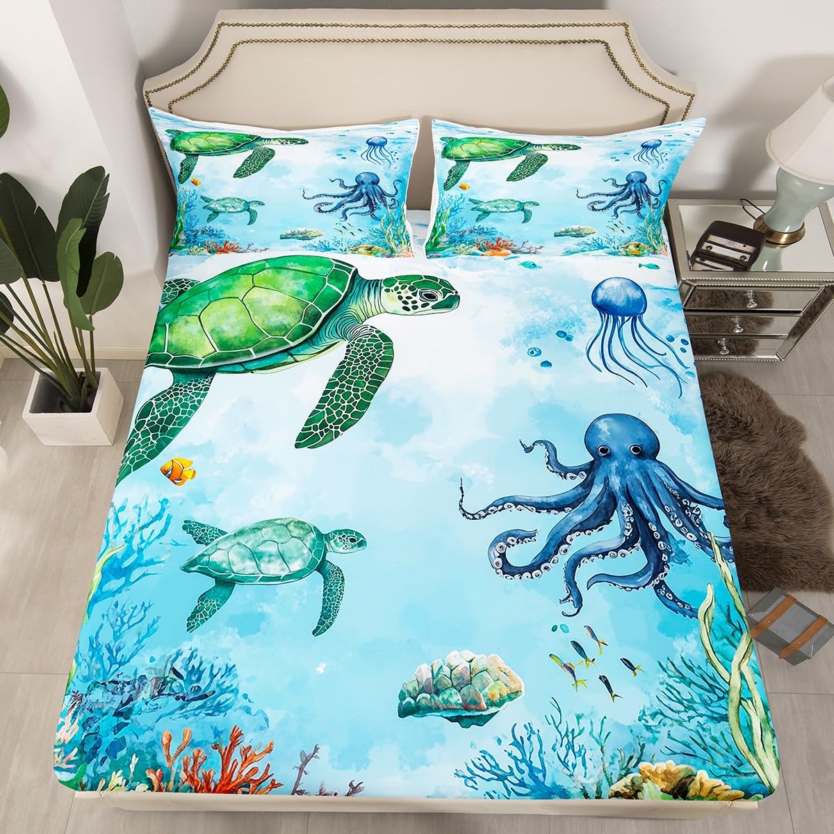 Erosebridal Queen Tortoise Fitted Sheet for Boys, Sea Turtle Bed Sheets Octopus Underwater World Bedding Set for Kids Teens Adult Room Decor, Coastal Creatures Sheets with 2 Pillow Cases