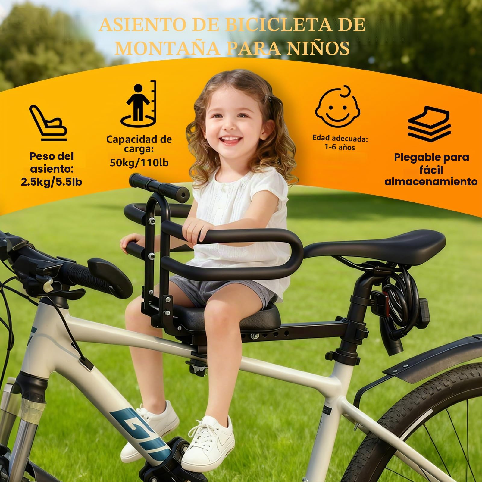 auvstar Asientos de Bicicleta Montados Delanteros para niños,Asiento Infantil para Bicicleta de Montaña,Liberación Rápida Infantil Delantero Plegable,Apto para niños de 1 a 6 años