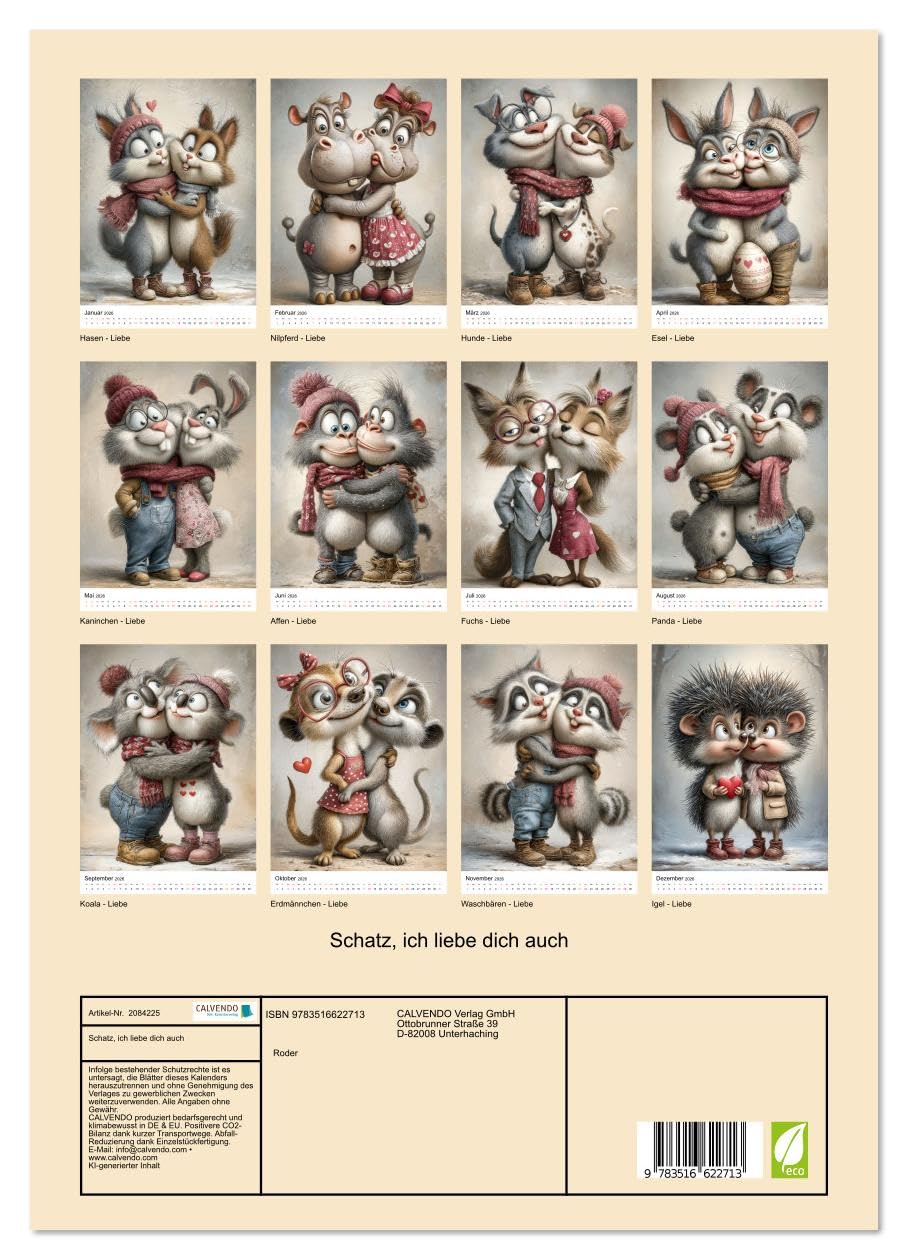 Schatz, ich liebe dich auch (hochwertiger Premium Wandkalender 2026 DIN A2 hoch), Kunstdruck in Hochglanz: Liebevoll illustrierte Tierpaare mit menschlichen Zügen. (CALVENDO Spass)